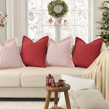 ZWJD Throw Christmas Pillow Covers 24x24 Set of 2 Striped Pillow Covers with Fringe Chic Cotton Decorative Pillows Square Cushion Covers for Sofa Couch Bed Living Room Farmhouse Decor