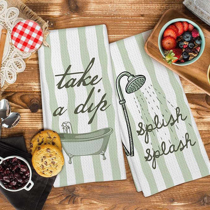 Sage Green Hand Towels for Bathroom Set of 2, Splish Splash Bathtub Dish Tea