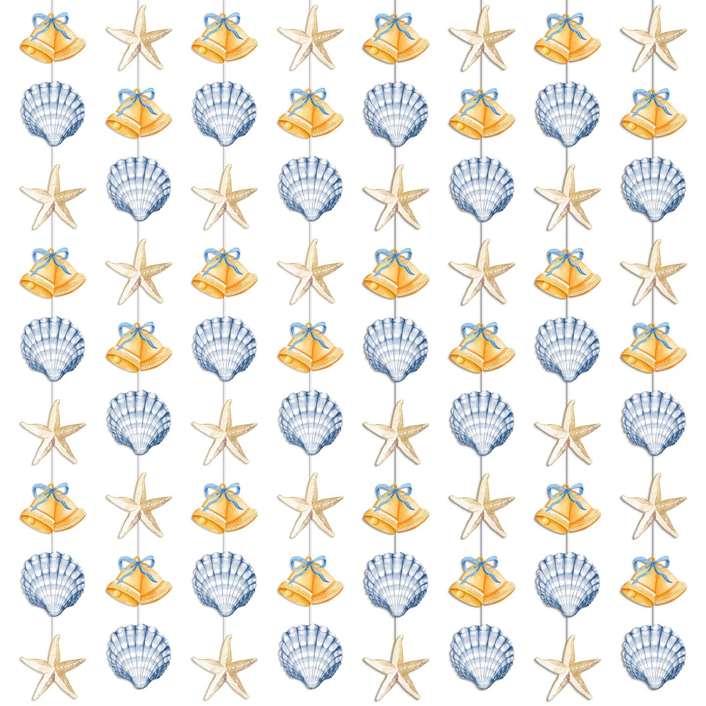 JarThenaAMCS 8 Pack Ocean Garland Coastal Beach Party Decorations Nautical Seashell Starfish Bells Hanging Banner Ornaments Pre-Assembled for Summer Under the Sea Wedding Baby Shower Mermaid Party