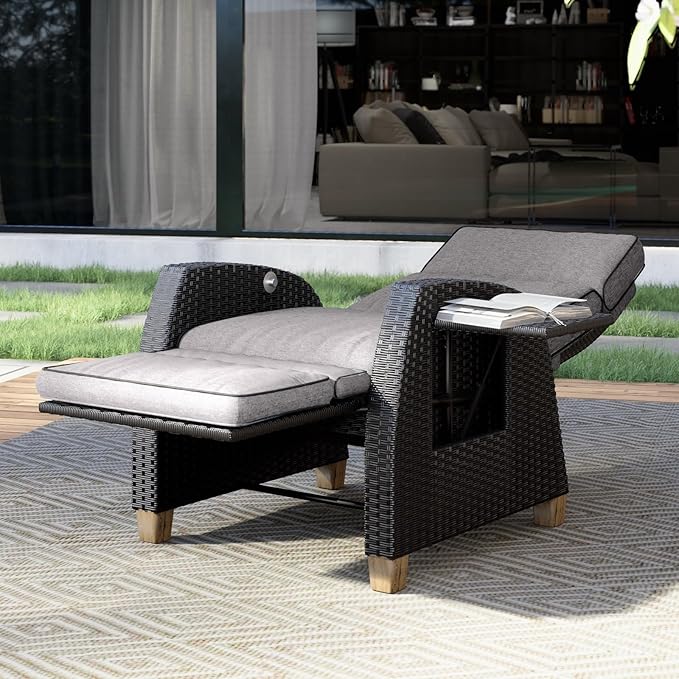 Grand patio Outdoor Reclining Chairs with Extended Footrest 2-Piece Adjustable WickerPatio Lounge Recliner up to 15 with Flip Side Table, Cool Grey