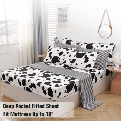 SUCSES Cow Print Full Size Comforter Sets, 8 Pieces Bed in A Bag Comforter Set with Sheets, Black and White Bedding Set for Kids Teens Boys Girls, Animal Print Cute Kid Full Size Bedding