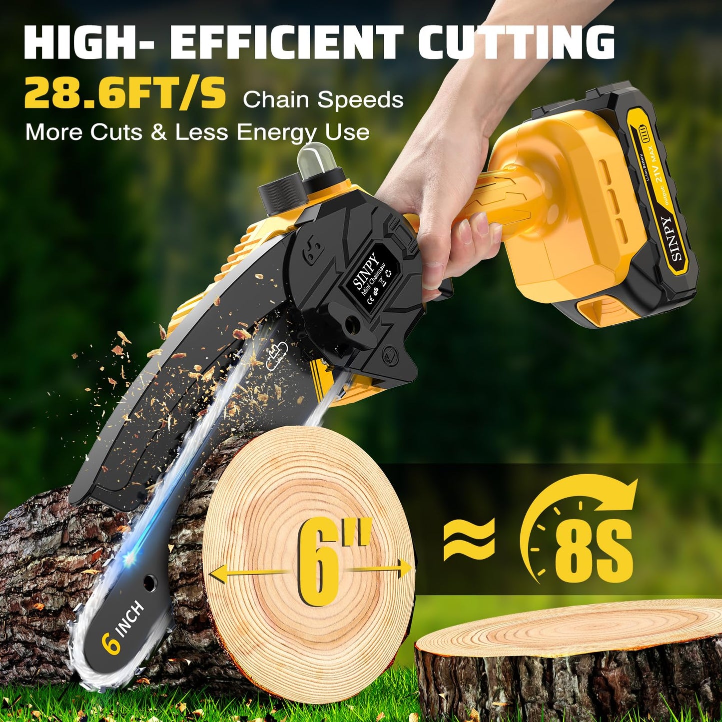 SINPY Mini Chainsaw Cordless, 6 Inch Electric Power Chain Saw with 2 Batteries & 2 Chains, Small Chainsaw with Safety Lock for Tree Trimming, Garden, Wood Cutting Gift for Men Dad Husband Fathers 2025