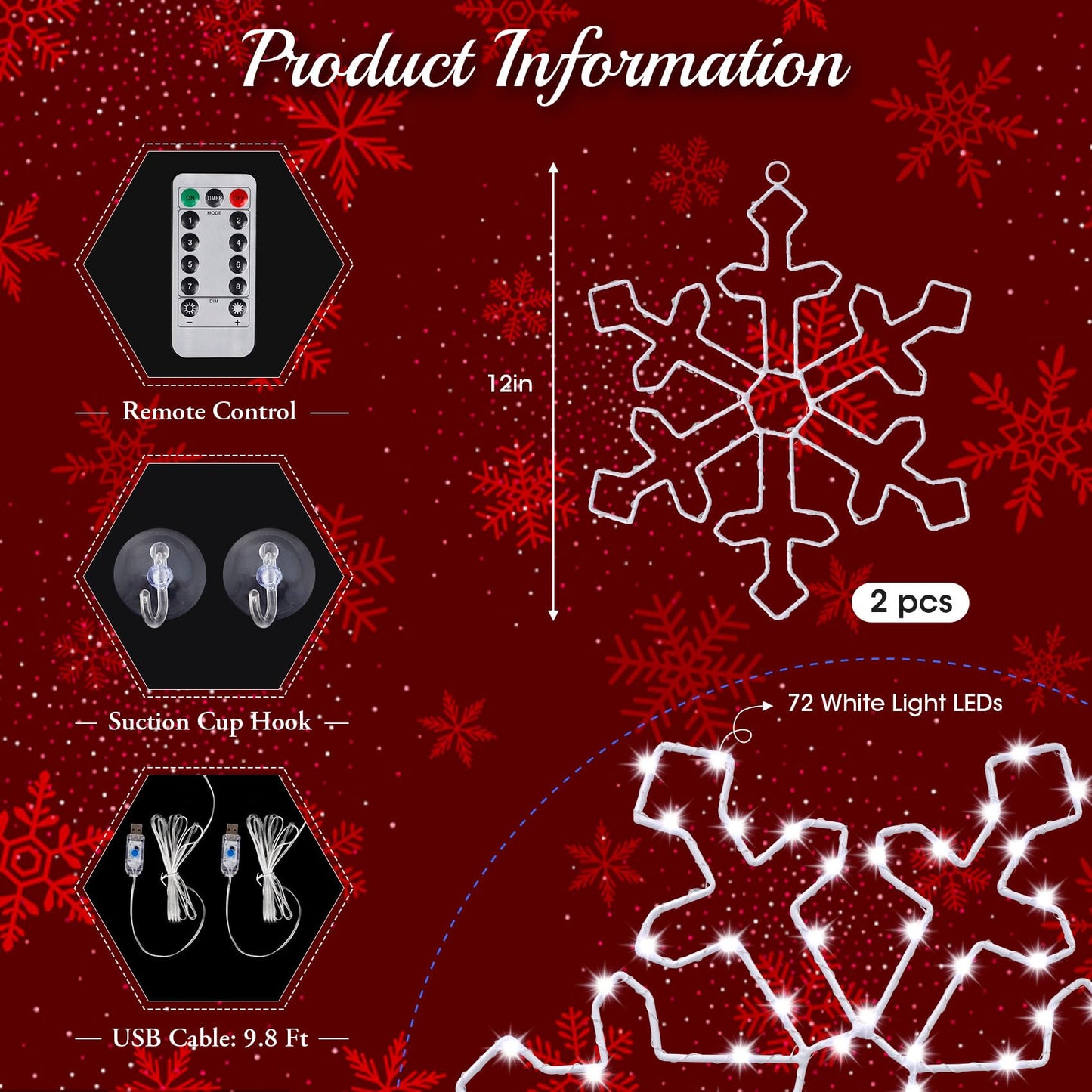 Attmu 2 Pcs Christmas Snowflake Window Lights with 144 LED Cool White, 8 Lighting Modes 12 Inches Snowflake Lights Outdoor Decorations for Home Window Display Furniture Xmas Decor