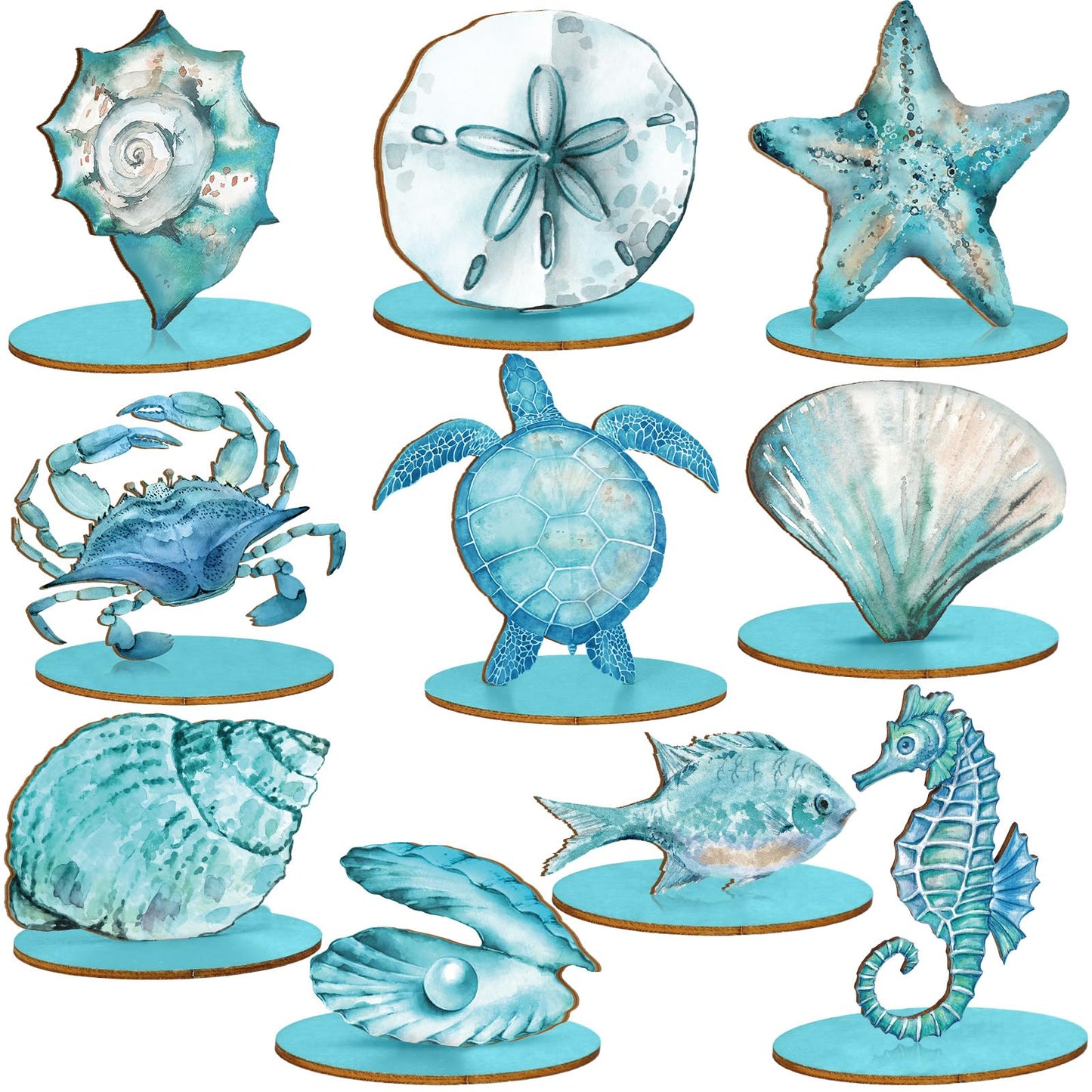 Threehoney 10 Pcs Ocean Wood Table Sign Under The Sea Wooden Beach Table Decor Sea Animal Coastal Beach Centerpiece Nautical Block Summer Decoration for Home Party Supplies(Classic Style)
