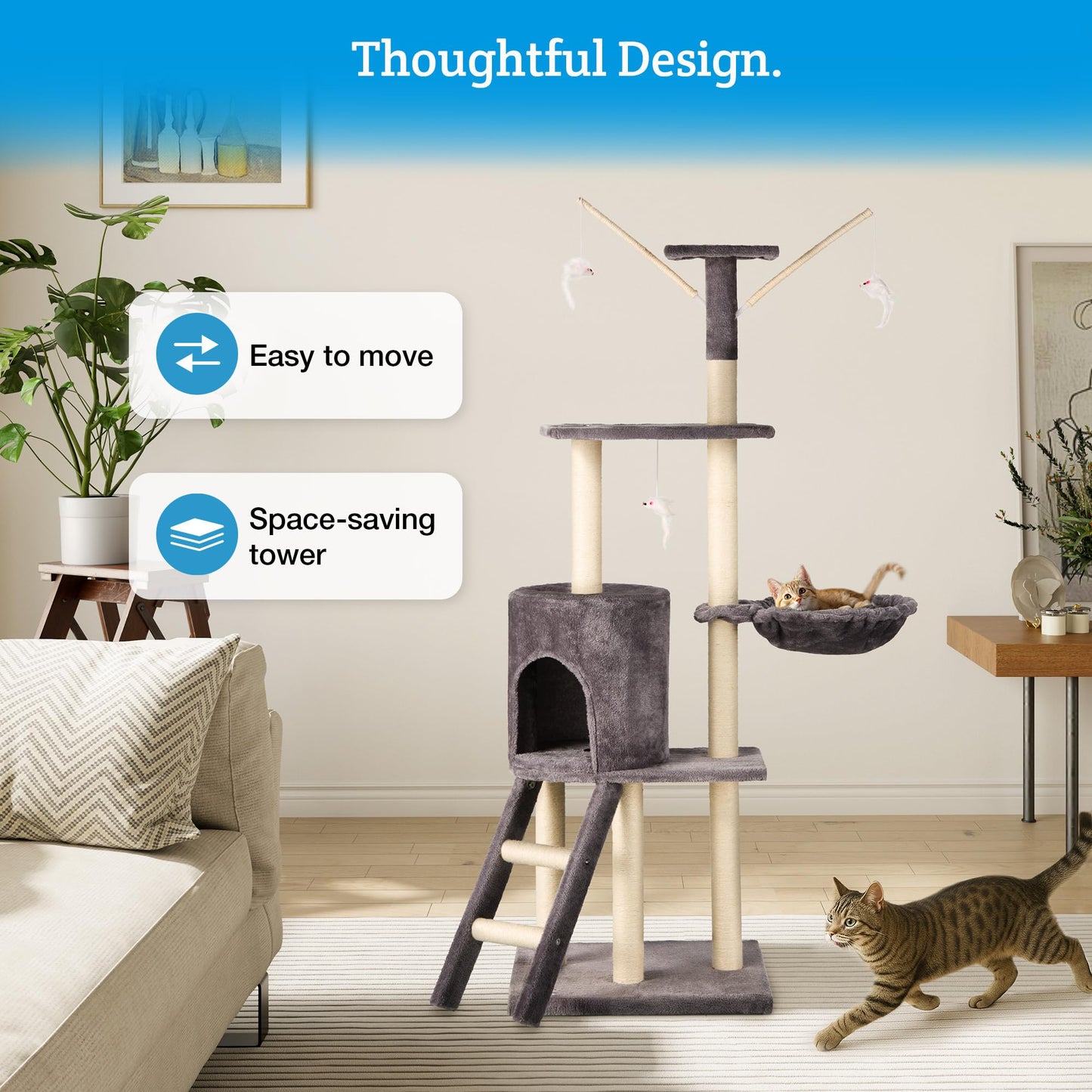 Milo & Misty Cat Tree – 146cm Play Cat Tower with Sisal Scratching Posts for Indoor Kittens, Multi Level House, Large Climbing Frame with House, Ladder and Hammock – Grey