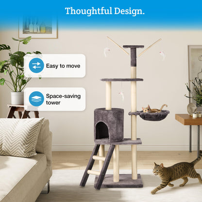 Milo & Misty Cat Tree – 146cm Play Cat Tower with Sisal Scratching Posts for Indoor Kittens, Multi Level House, Large Climbing Frame with House, Ladder and Hammock – Grey