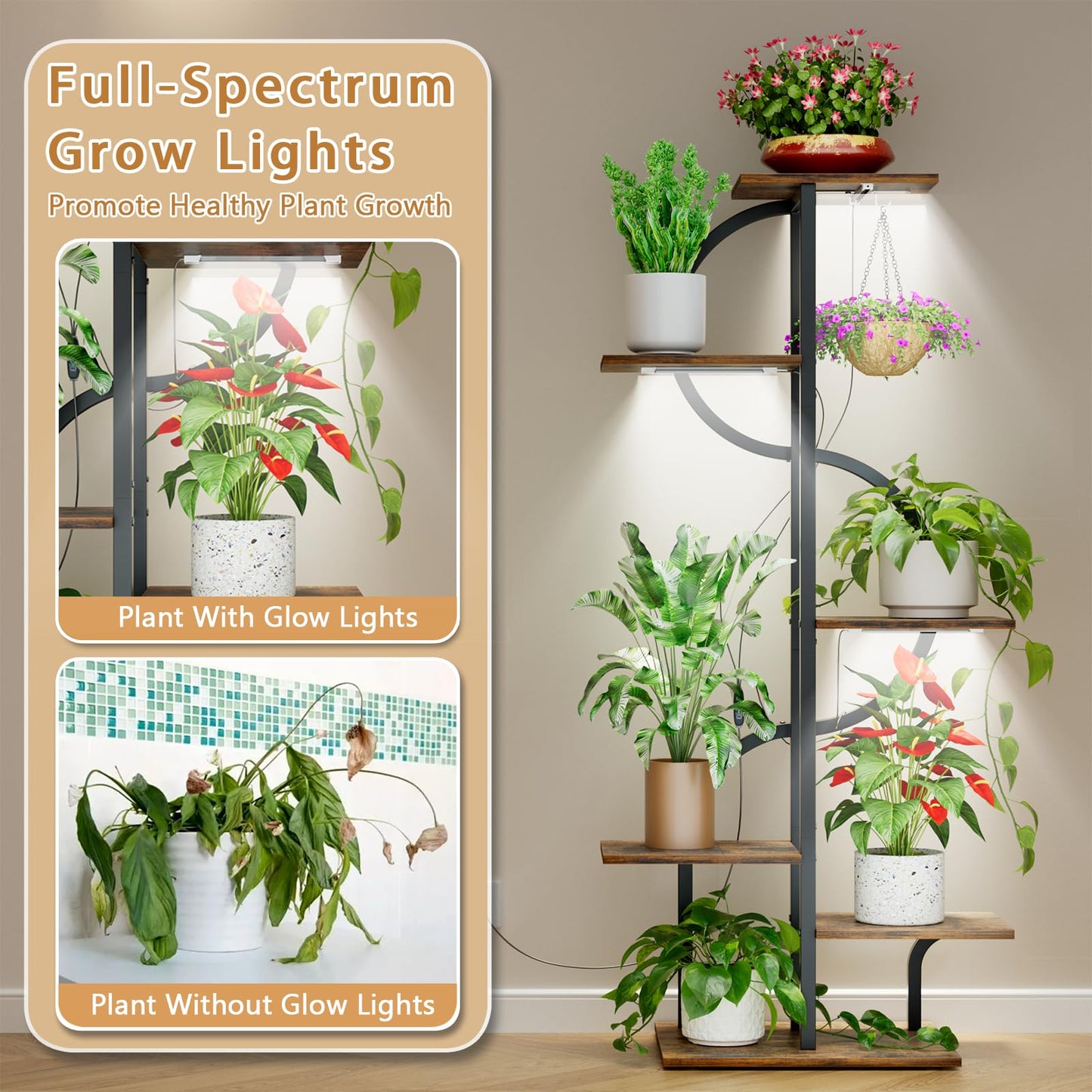REFGY 6-Tier Tall Plant Stand with Hanging Hook, Multi-Tiered Vertical Flower Pot Holder for Indoor Outdoor, Heavy Duty Metal Plant Shelf for Corner, Living Room, Balcony, Patio, Rustic Brown