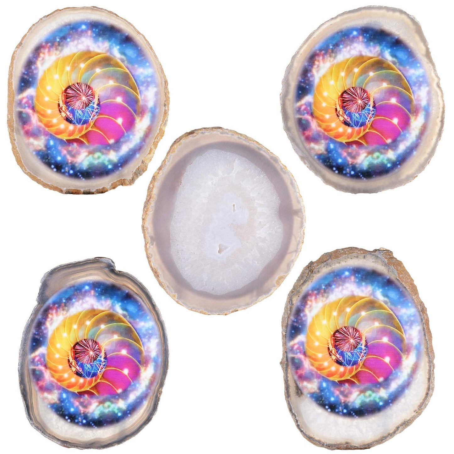 Rockcloud Colorful Space Agate Slab Display with Wooden Stand Irregular Shape Agate Slice Stone Home Office Desk Ornament, 3.9"-4.7"