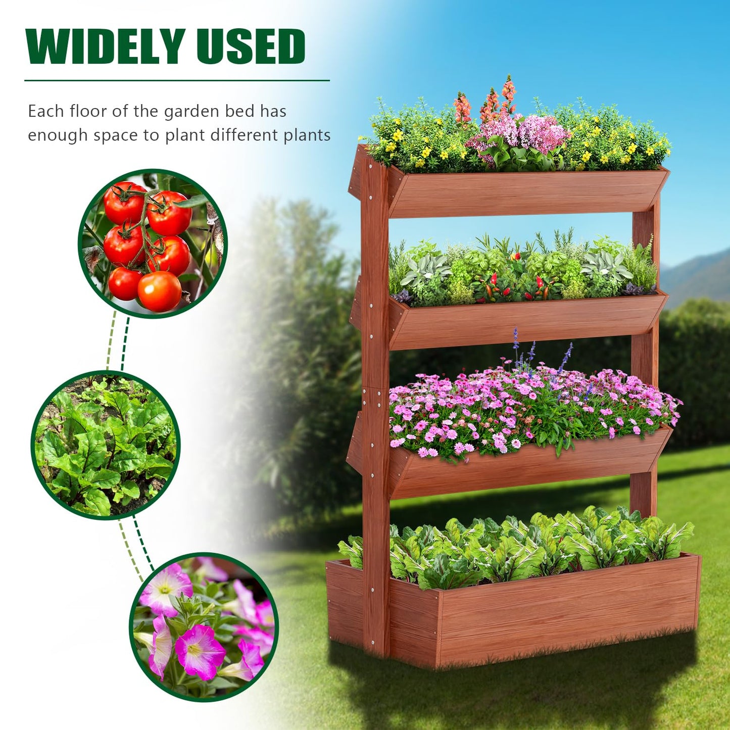 SUNYRISY 4 Tiers Vertical Wooden Raised Garden Bed Outdoor, Freestanding Garden Planter Box Stand for Planting Herbs Flowers Vegetables Outdoor Gardening