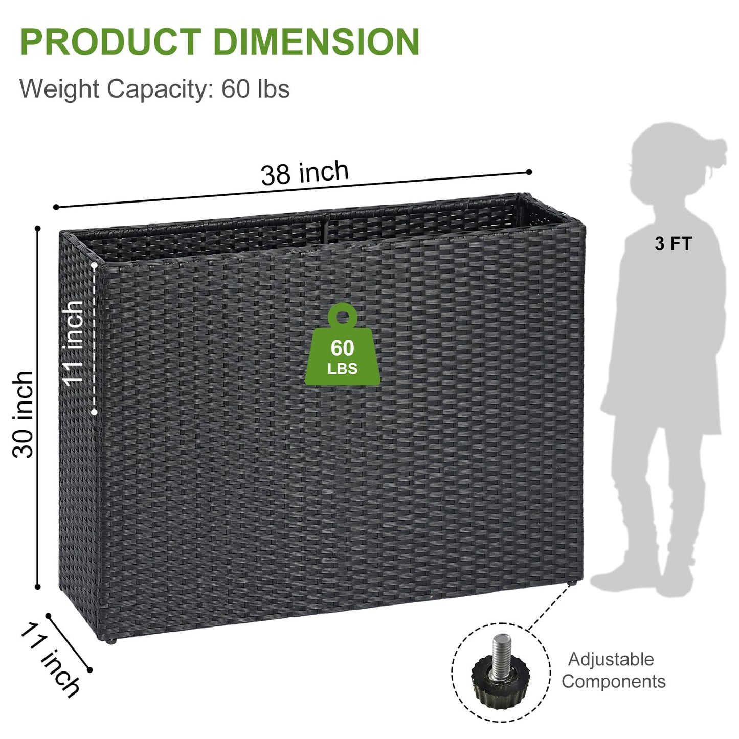 LEWIS&WAYNE Large Rectangular Block Planter Box Handmade Wicker Tall Planters for Outdoor Plants with Removable Liners Modern Planter for Indoor Outdoor Patio Deck - Black, 38''x11''x30''