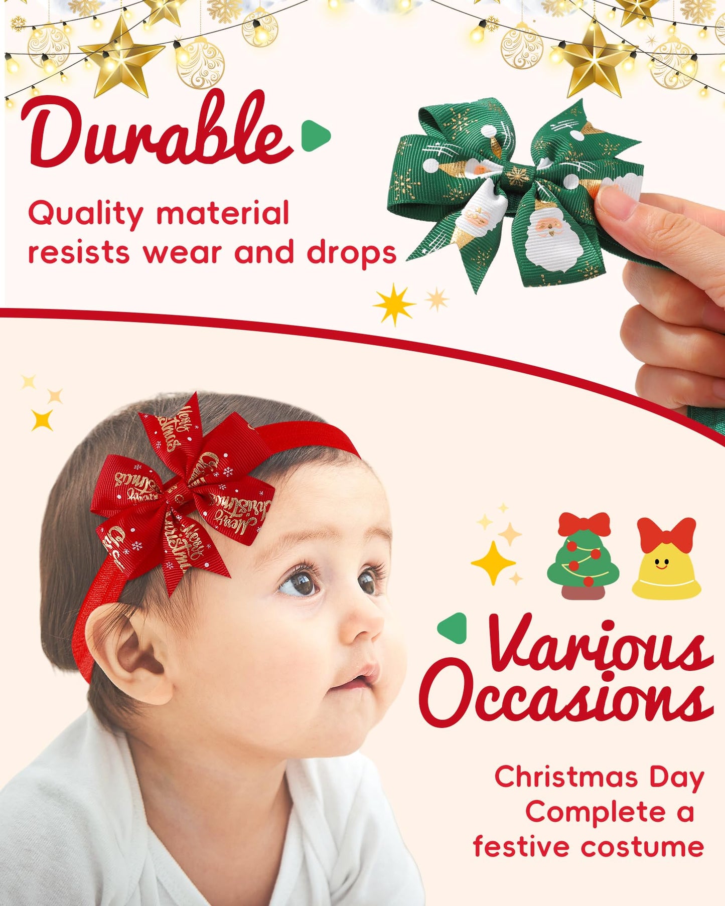 jollybows 10pcs Christmas Baby Bows Headbands Soft Stretchy Grosgrain Ribbon Hairbands with Bows Christmas Headbands Hair Accessories for Newborn Baby Girls Infant Toddlers Kids