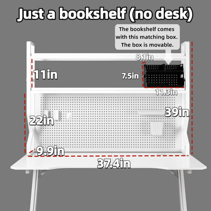 Desktop Hutch Bookshelf,Many Gifts,Metal Desktop Bookcase with pegboard, Desk Shelf, Countertop Storage Organizer Rack for Dorm or Office,Desktop Shelves (White, 37.4" Lx9.9 Wx39 H)