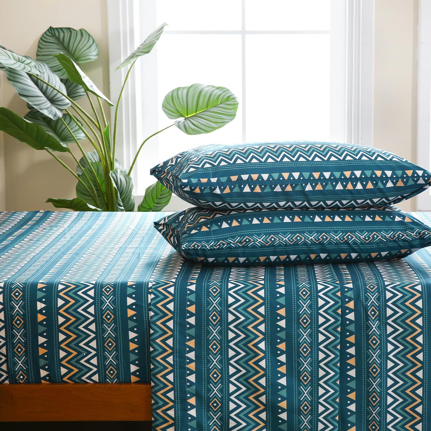 CozySmile Boho Sheet 4 Pieces King Sheet Set Bohemian,King Size Breathable Soft Microfiber Deep Pocket Bedding, Western Sheets Geometric(King, Teal Geometric)