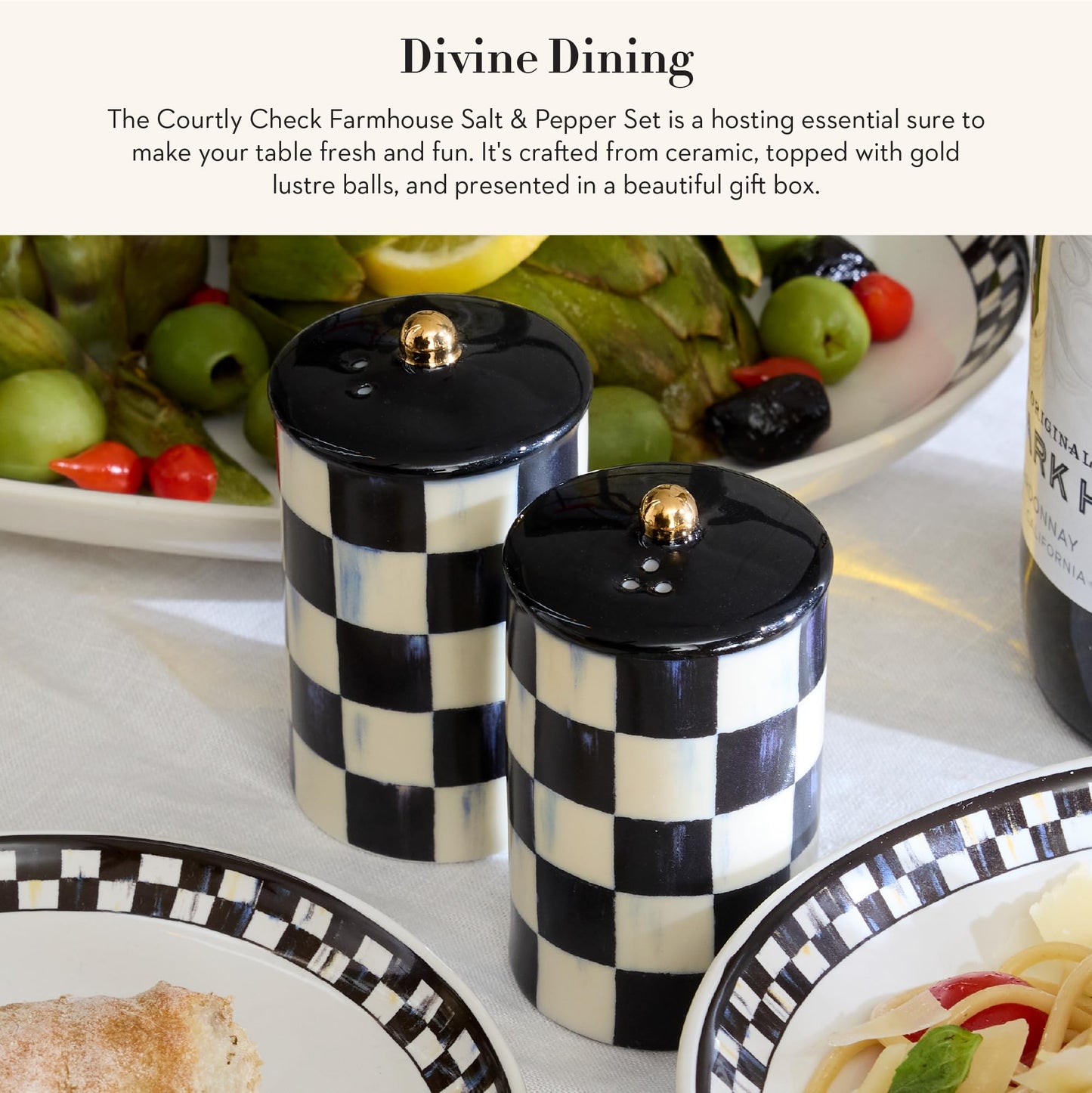MACKENZIE-CHILDS Farmhouse Salt and Pepper Shaker Set, Ceramic Salt and Pepper Holders, Black-and-White Courtly Check