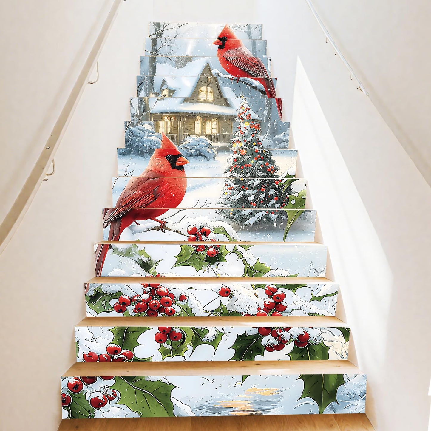 PLIGREAT 15 Strips Christmas Stair Decals, Peel and Stick Bird Xmas Tree Stair Riser Stickers for Steps 7.1"x39"Self-Adhesive Vinyl Retro Farmhouse Staircase Murals Decor for Home Hotel