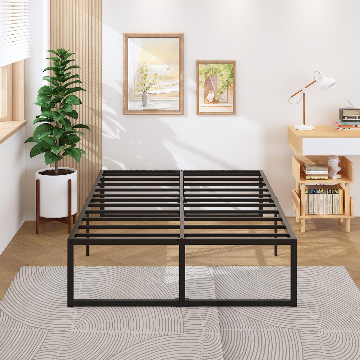 Lutown-Teen 18 Inch Queen Bed Frame with Cover Skirt, Heavy Duty Steel Slat Support Metal Platform Bed Frame Queen Size No Box Spring Needed, Easy Assembly, Black and Blue