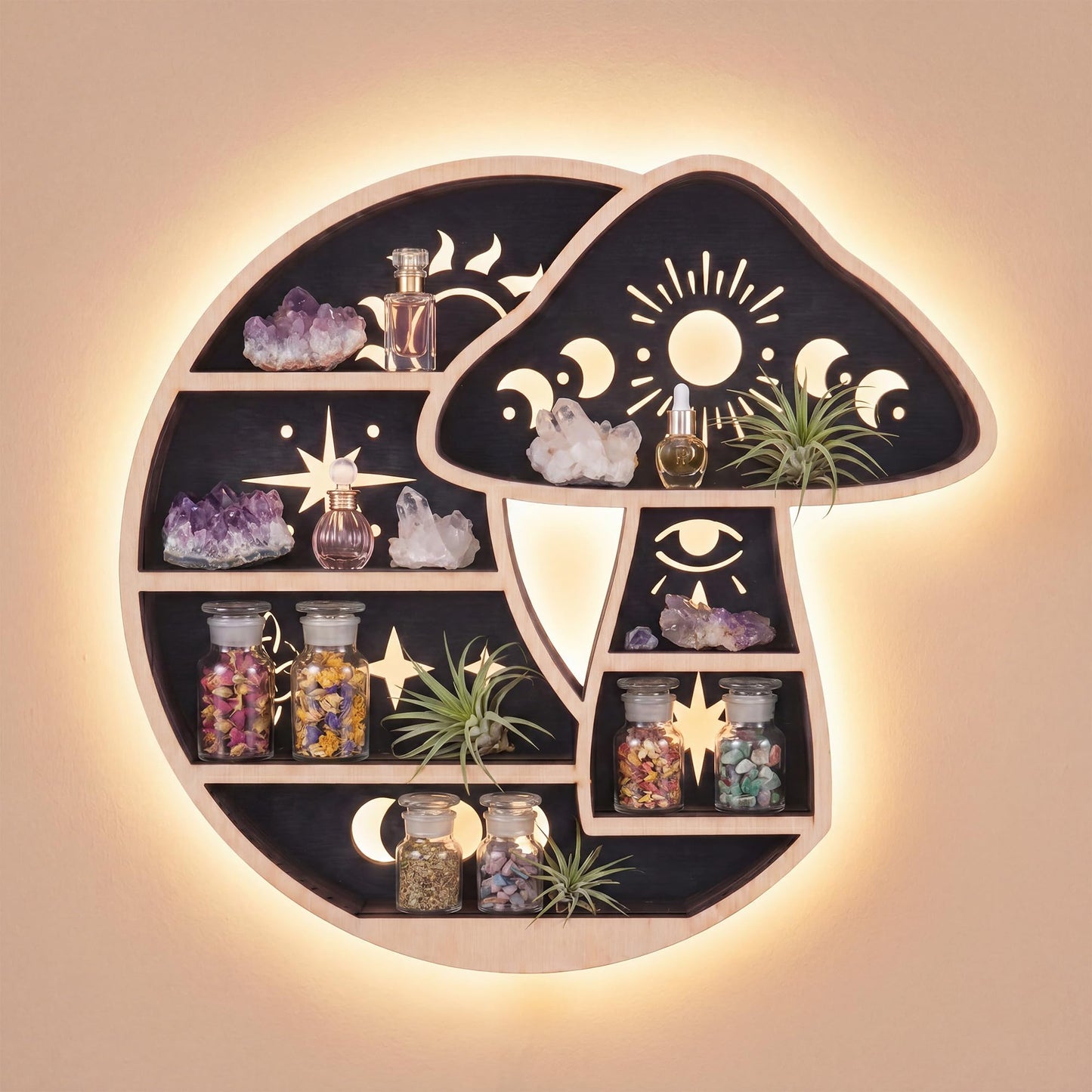 FNYDOX Crescent Moon Shelf with LED Light, Wooden Mushroom Shelf for Crystals Rocks Gems Healing Stones, Trinket Knick Knack Bohomian Witchy Wiccan Shelves Wall Mounted