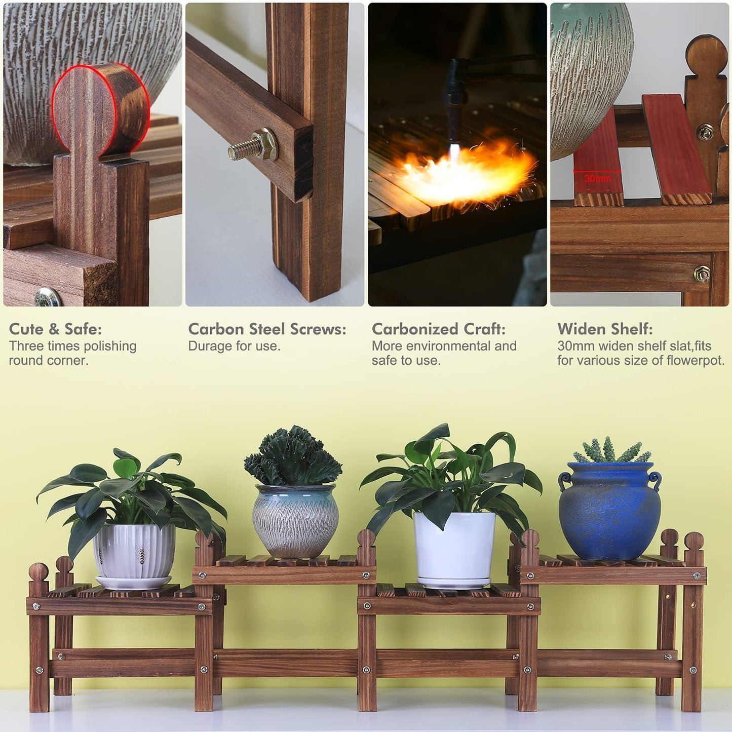 Jotboom Wood Plant Stand Indoor Outdoor,4 Tiers Plant Stand Bench Indoor,Low Window Plant Shelf Small Long Flower Pot Stand for Multiple Plants (11.8"-44'')