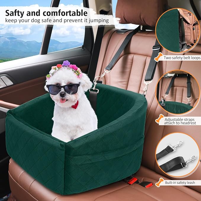 NEEZUKAR Dog Car Seat for Small Medium Dogs,Detachable Washable Dog Booster Seat Under 30lbs, Pet Car Seats Travel Bed with Storage Pockets and Safety Belt(Green)