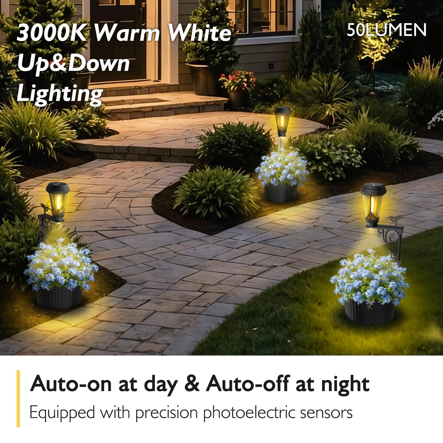 2Pcs 7.9 Inch Solar Lights Planter Dual-Sided 3000K Warm White Lighting, 2 in1 (Wall/Stand) Flower Pots, Auto on/Off IP65 Solar Post Light with Planter Waterproof for Yard, Patio, Porch, Pathway Decor