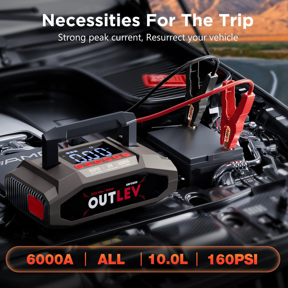 OUTLEV Jump Starter with Air Compressor for All Gas & 10.0L Diesel Engines, 6000A Jump Starter Battery Pack, Portable Power Bank, Safety Protection, Self-Driving Tour Essential
