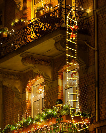 Christmas Decorations LED Ladder Lights with Climbing Santa Claus, 10ft Outdoor Christmas Decorative Lights - 8 Modes Xmas Lights Tree for Home Holiday Wall Window Xmas Decor (Warm White)