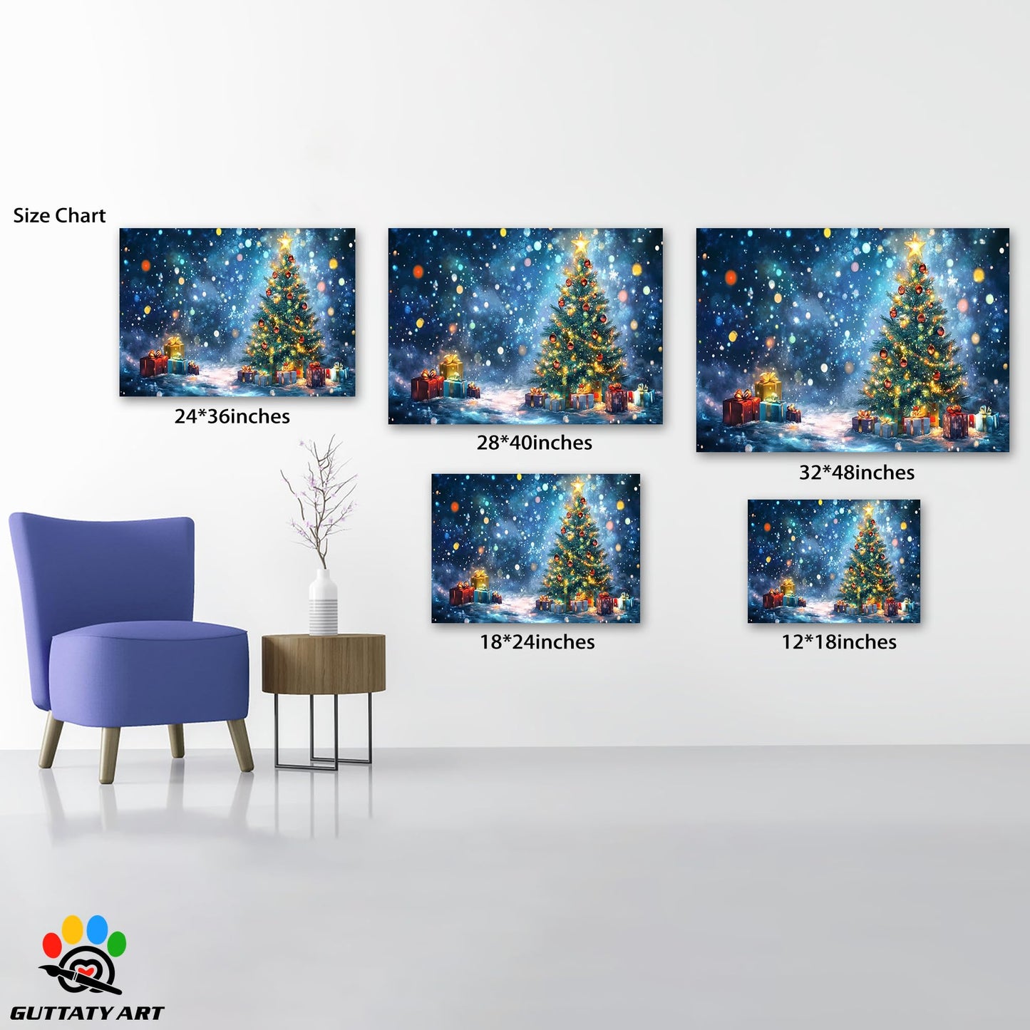 GUTTATY Christmas Canvas Wall Decor, Lighted Christmas Tree Wall Art, Christmas Gifts Pictures Wall Paintings, Winter Scene Wall Canvas Art for Living Room, Bedroom, Office 18x24 Inch