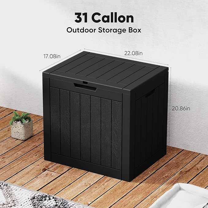 NEWBULIG 31 Gallon Outdoor Storage Box, Waterproof Deck Box with Lockable Lid, Patio Furniture Bench & Side Table, Easy Assembly, for Garden, Pool, Patio & Backyard Organization, Black