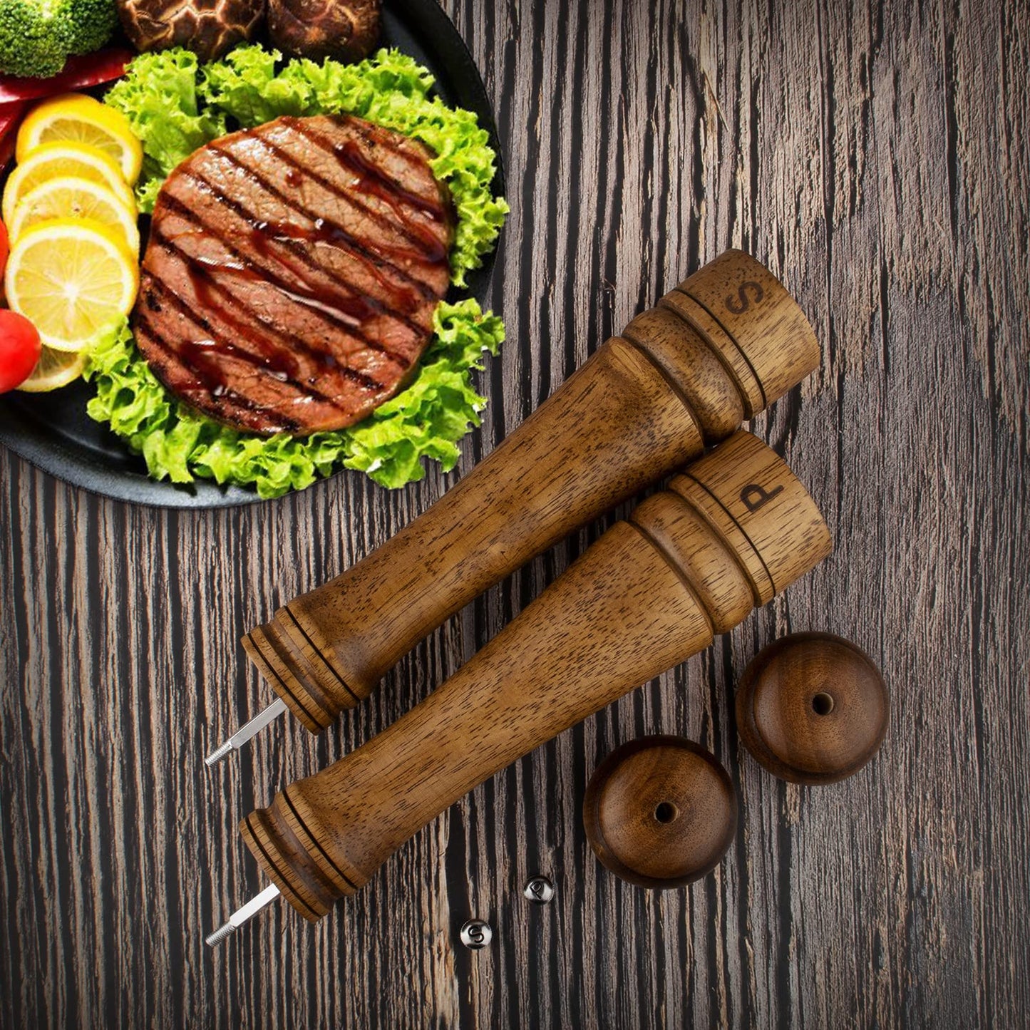 Salt and Pepper Grinders Set, Haomacro 10Inch Updated Manual Wooden Pepper Shaker Set,Oak Wood Salt Mill Pepper Grinder Set Refillable with Adjustable Ceramic Rotor 2Pack