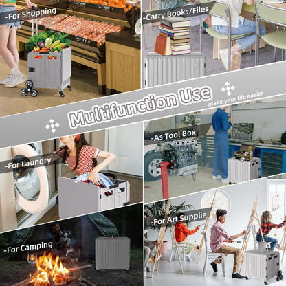 TODAYGO Stair Climbing Cart with Wheels: Collapsible Rolling Cart for Teachers School Supplies Books Art Projects Grocery Trade Shows & Stairs Foldable Utility Organizer with Lid Crate Basket Shelves