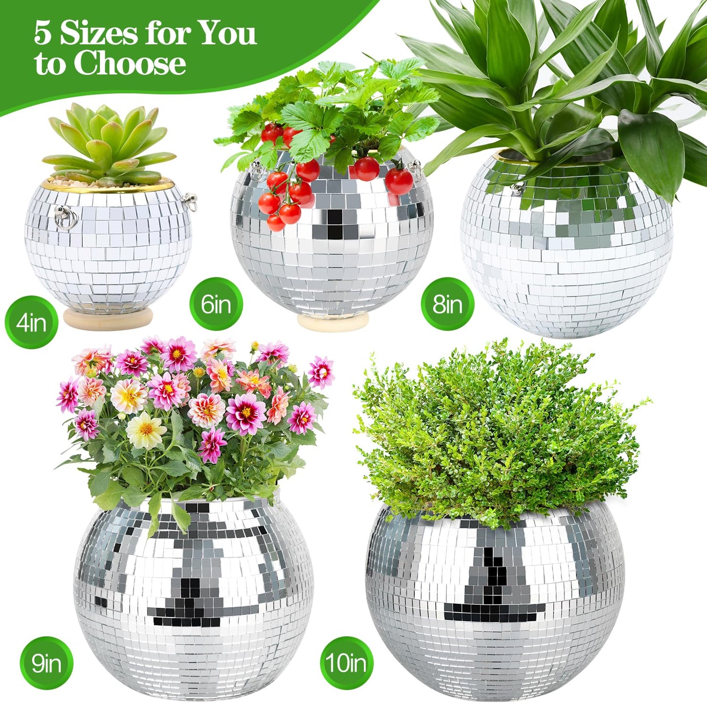 FGBNM 4"/6"/8"/9"/10" Disco Ball Planter, Disco Ball Plant Hanger with Hanging Rope, Hanging Chain, Hook, Circle and Extra Mirror Pieces (6" Silver, 1pcs)