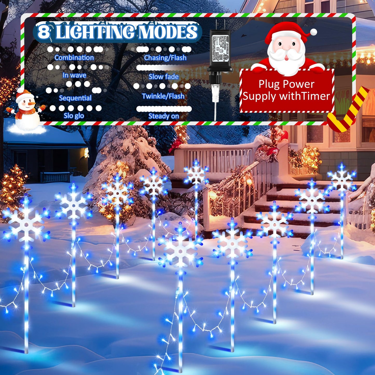 ElectricWise 10 Pcs Christmas Snowflake Pathway Stake Lights for Outdoor Yard, 370 Bright LEDs Waterproof Large Christmas Snowflake Light Decoration for Garden Lawn Driveway Walkway Decor (Blue White)