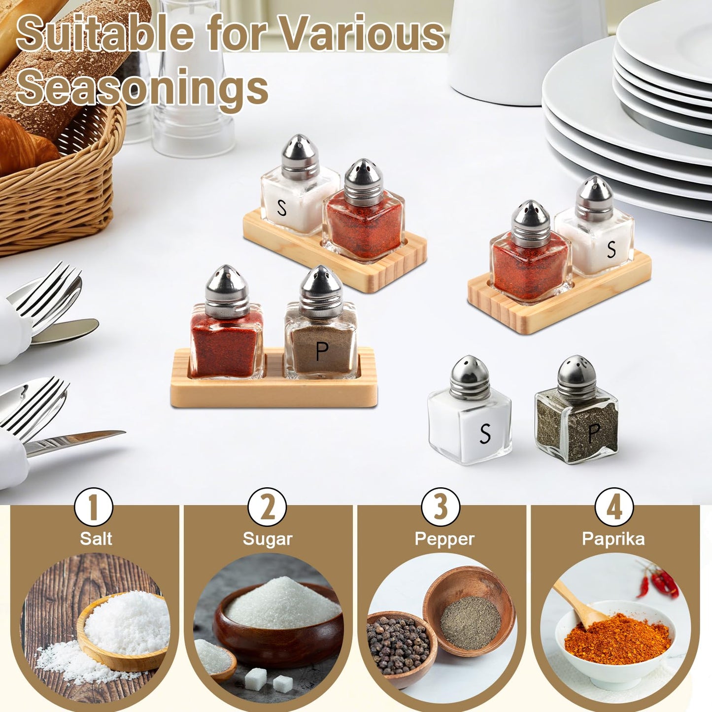 4 Pcs Mini Salt and Pepper Shakers Set with 2 Wood Organizer Tray Sticker 0.5 oz Small Glass Salt and Pepper Shakers Bulk Tiny Individual Salt and Pepper Shakers Cube Spice Jars for Travel Party