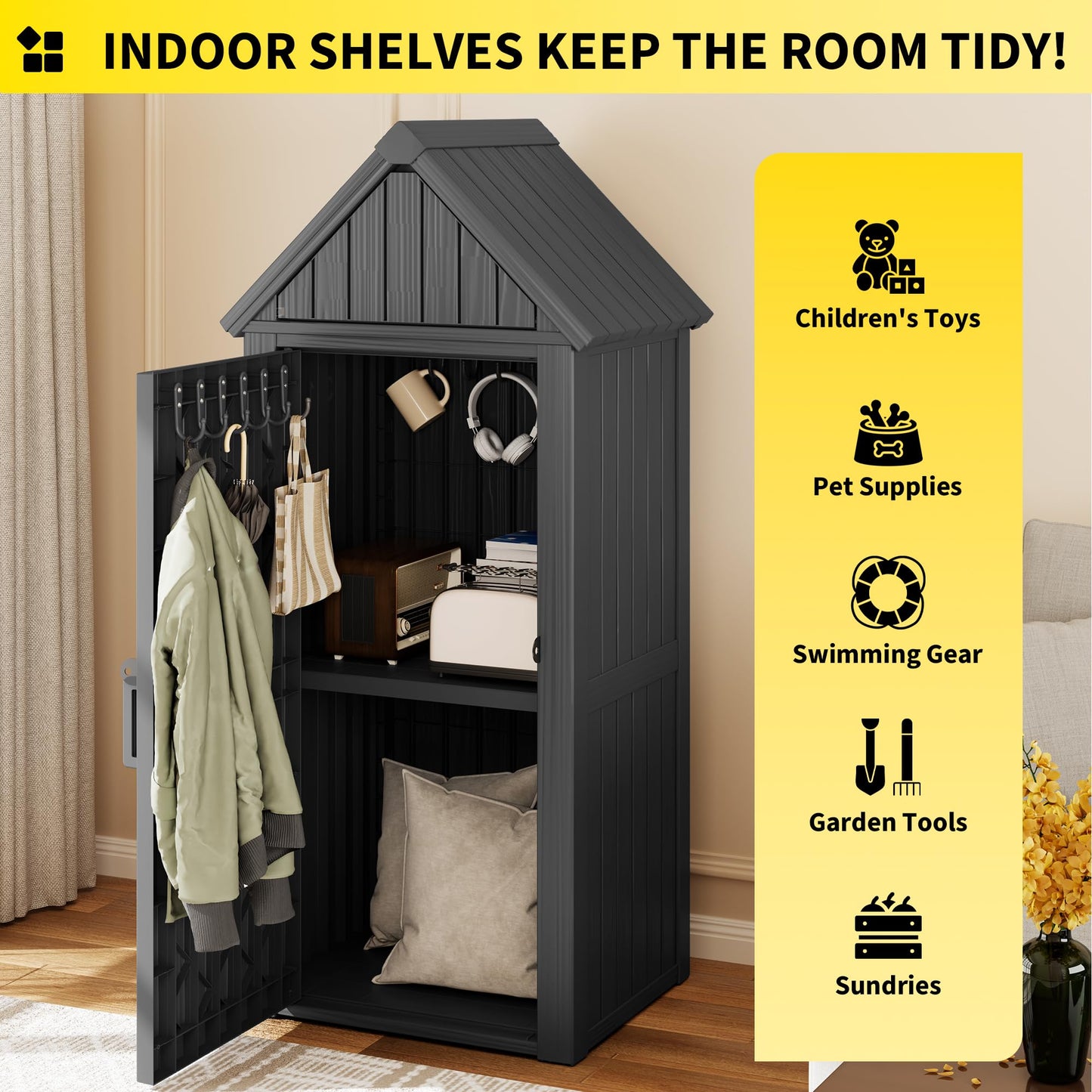 Fancyango Outdoor Resin Storage Cabinet Sturdy All-Weather Shed with Removable Shelves Lock Ring & Reinforced Floor – for Garden Patio Lawn (Black1)