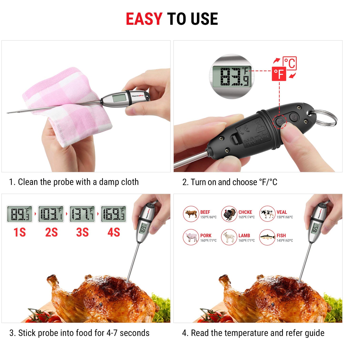 ThermoPro TP02S Digital Food Thermometer for Cooking Bread Baking Sourdough Liquids, Meat Thermometer Digital with Super Long Probe for Grill Candy Kitchen BBQ Oil Milk Yogurt Water Temperature