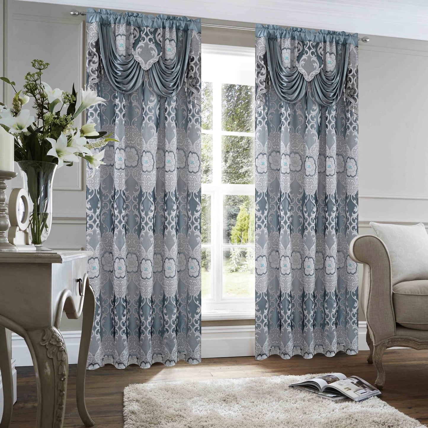 Petrichor Gray Sheer Jacquard Voile Curtains （54" W x 84" L）, 2 Panels with Attached Valance, Double Layer Floral Cutwork Design with Luxurious Texture, Rod Pocket, for Bedroom & Living Room