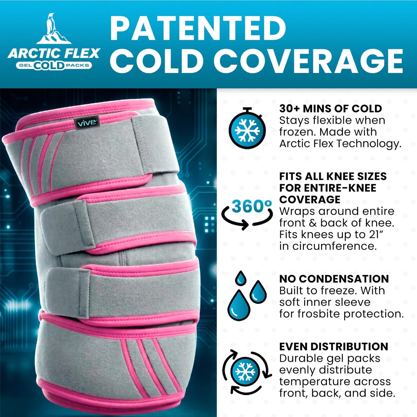 Vive Knee Ice Pack Wrap - Cold/Hot Gel Compression Brace - Heat Support Strap for Arthritis Pain, Tendonitis, ACL, Athletic Injury, Osteoarthritis, Women, Men, Running, Meniscus and Patella Surgery