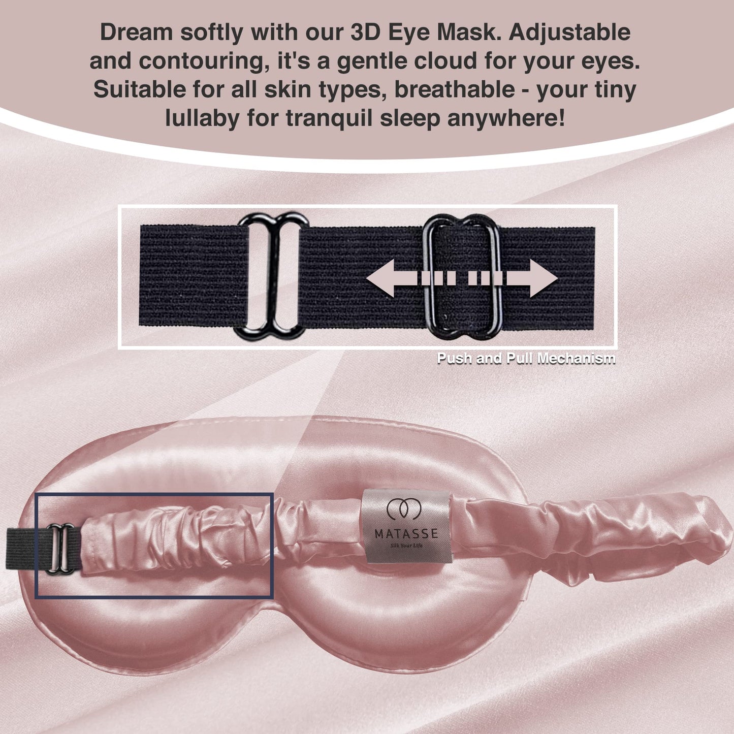 MATASSE Silk Eye Mask for Sleeping with Adjustable Elastic Band - 3D Contoured, Eye Cover Sleep Mask w/Genuine Mulberry Silk Including The Strap for Women, Men (Black)