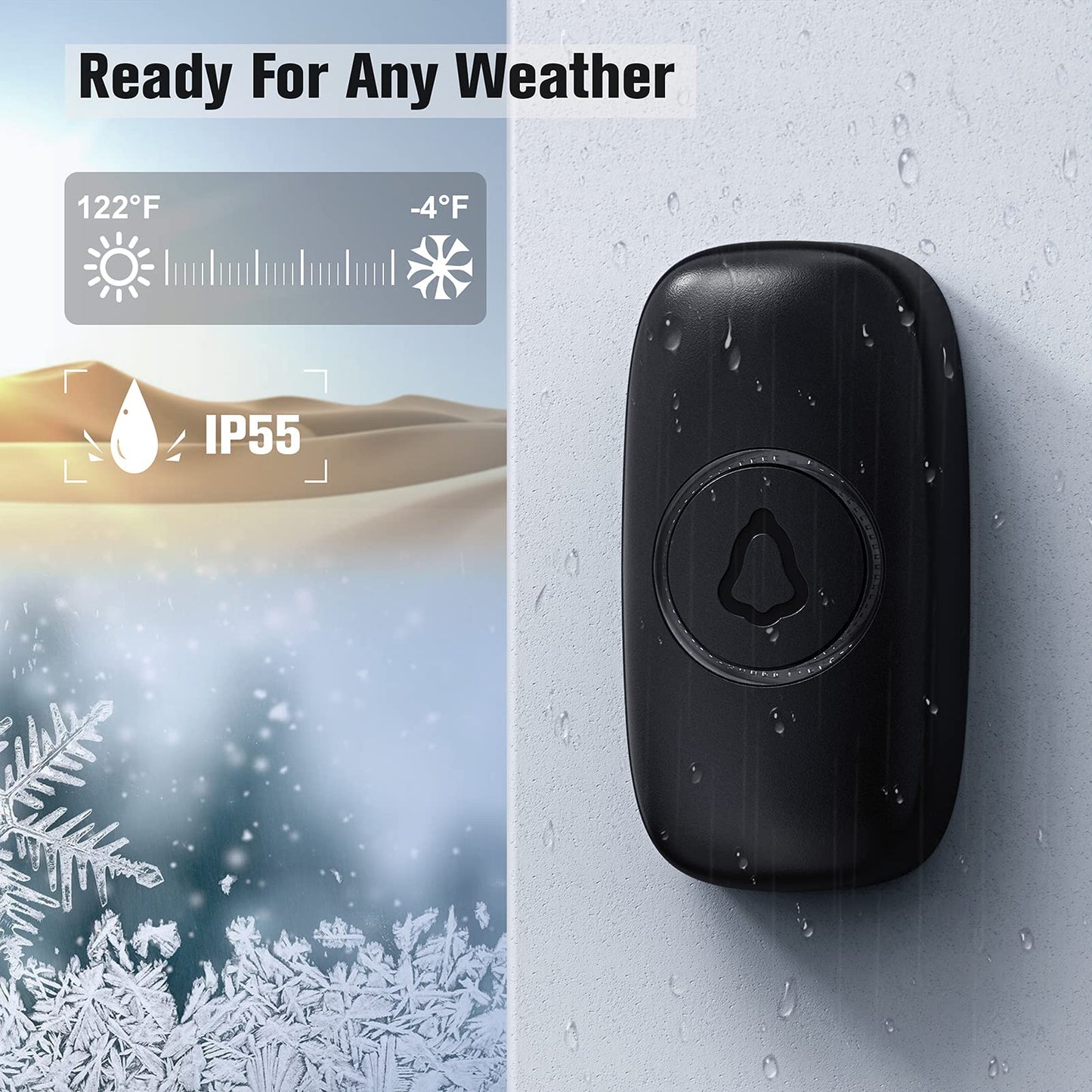 SECRUI Wireless Doorbell, Easy installation, Waterproof, Adjustable Volume, 58 Chimes, Colorful LED, 1000Ft Range, M520+F55, Black