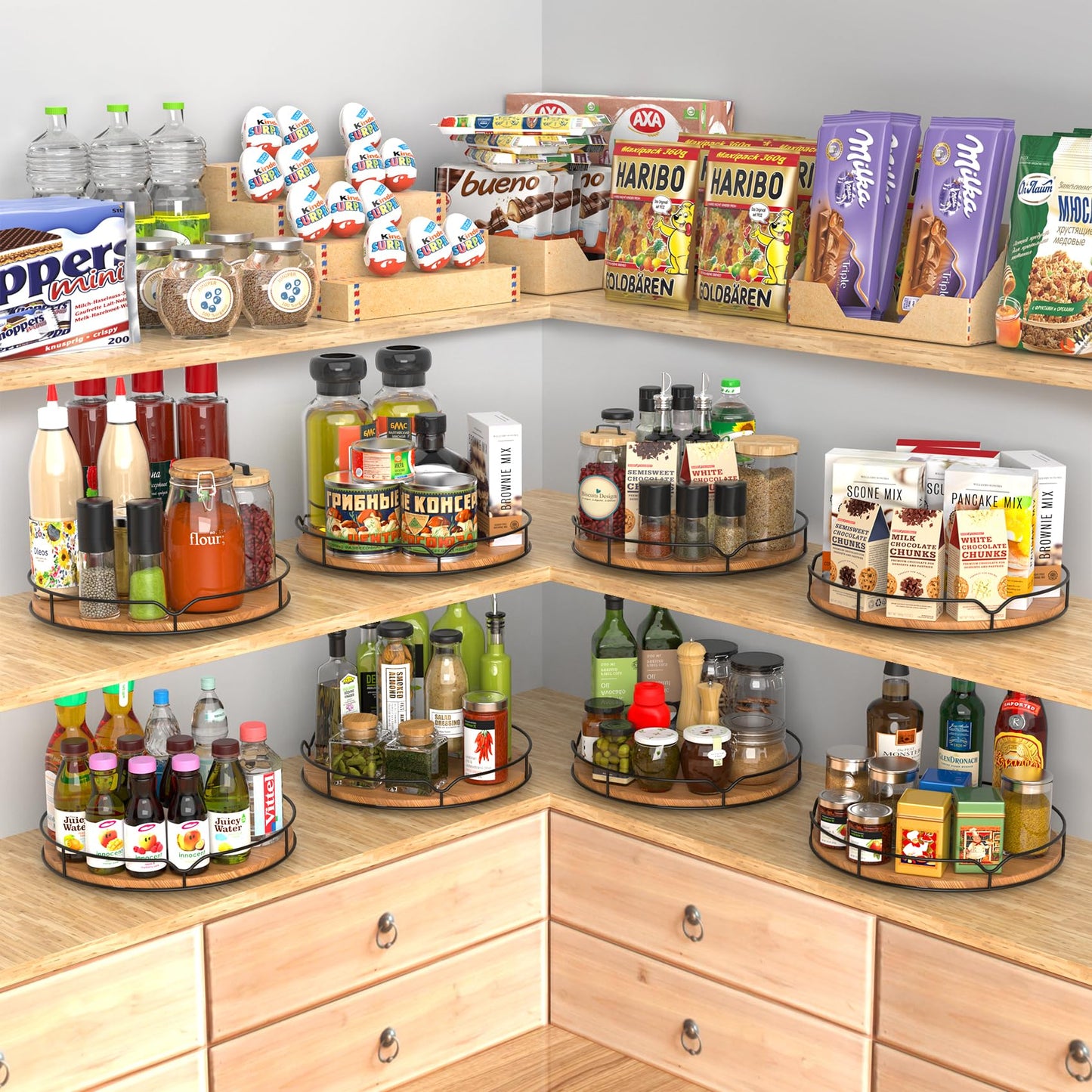 Lazy Susan Turntable Organizer for Cabinet Pantry Kitchen Countertop Refrigerator Cupboard, Pine Wood (Carbonized Black, 12“)