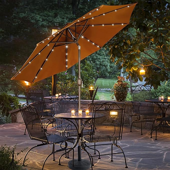 Blissun 9 ft Solar Umbrella 32 LED Lighted Patio Umbrella Table Market Umbrella with Tilt and Crank Outdoor Umbrella for Garden, Deck, Backyard, Pool and Beach, Brown