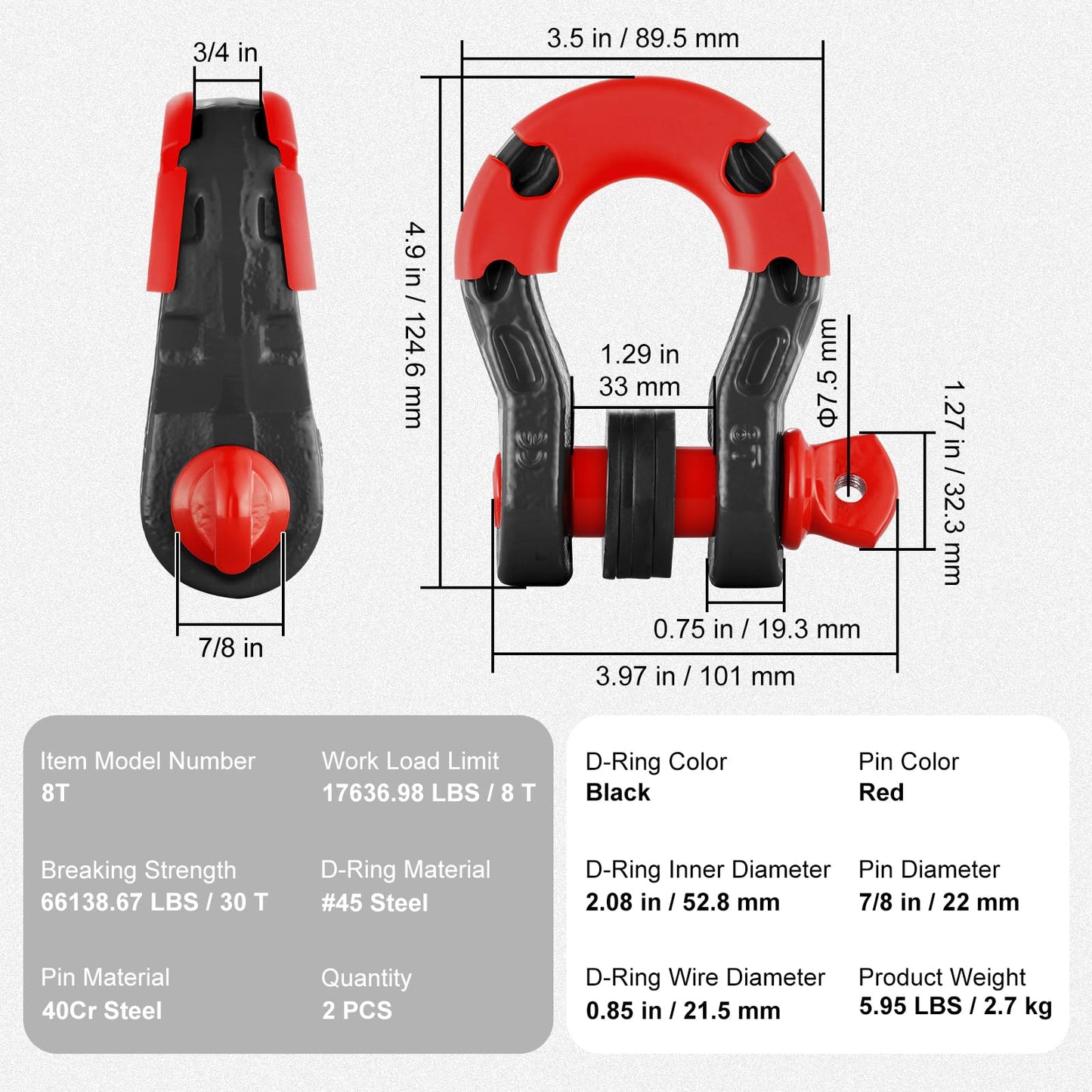 VEVOR 3/4" D Ring Shackle, Black Shackles for Truck with 7/8” Screw Pin 66139 lbs (30 Ton) Break Strength Red Isolator Washers Kit, Winch Towing Shackle for Truck Jeep Heavy Duty Off Road Recovery