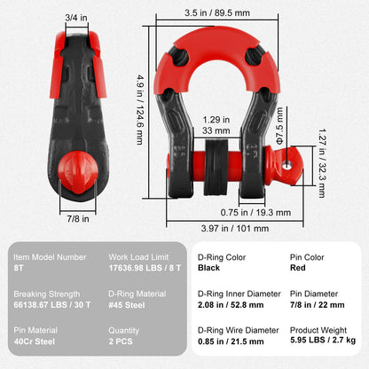 VEVOR 3/4" D Ring Shackle, Black Shackles for Truck with 7/8” Screw Pin 66139 lbs (30 Ton) Break Strength Red Isolator Washers Kit, Winch Towing Shackle for Truck Jeep Heavy Duty Off Road Recovery
