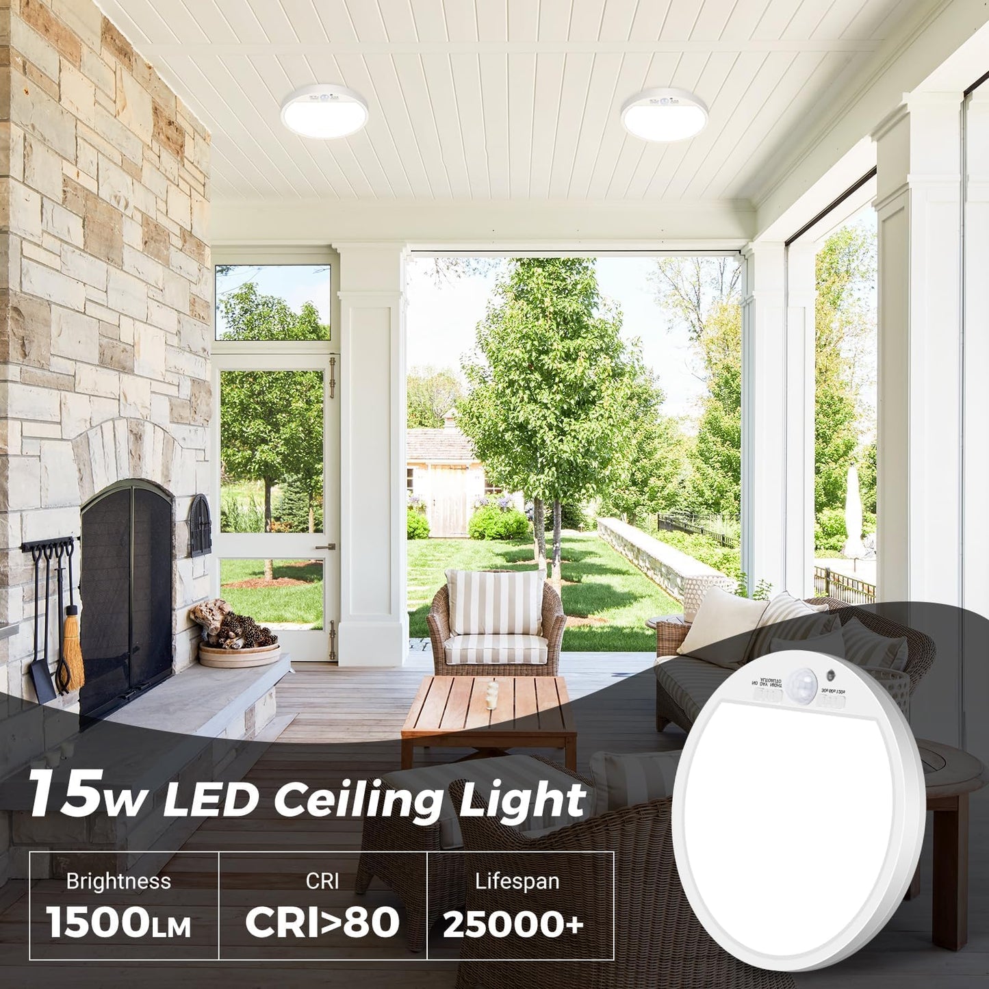 slochi LED Ceiling Light with Motion Sensor, 3000K-4000K-6500K & 100W Equivalent Motion Sensor Lights Indoor, 15W 1500LM 18cm Bathroom Ceiling Light for Bath,Porch,Stairs,Garage