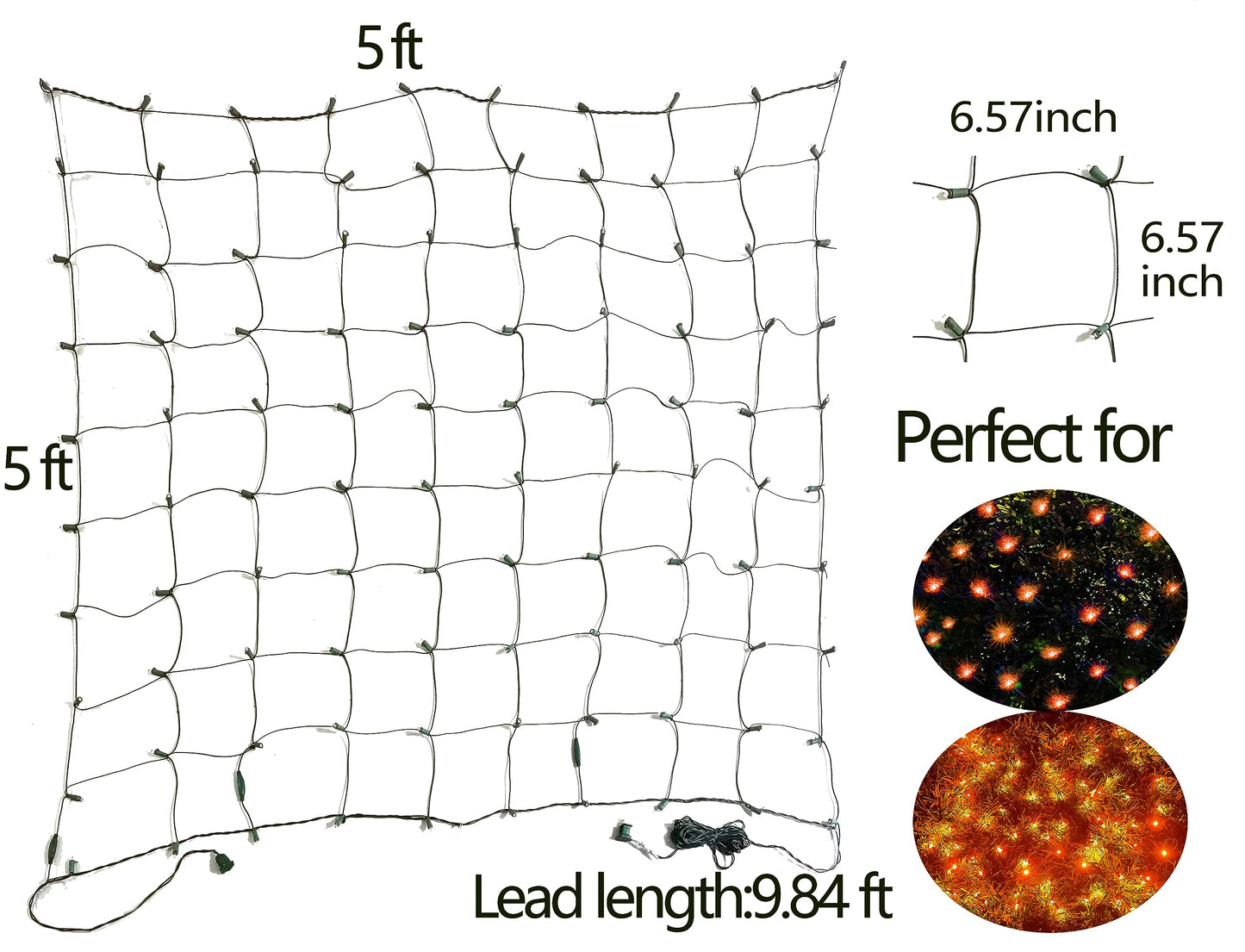 HISHINY Halloween Lights Outdoor,100LED 5ftx5ft Orange Net Lights with Connectable, Waterproof,UL Certified and Durable Green Wire Design for Bushes,Shrubs,Halloween Decorations Outdoor