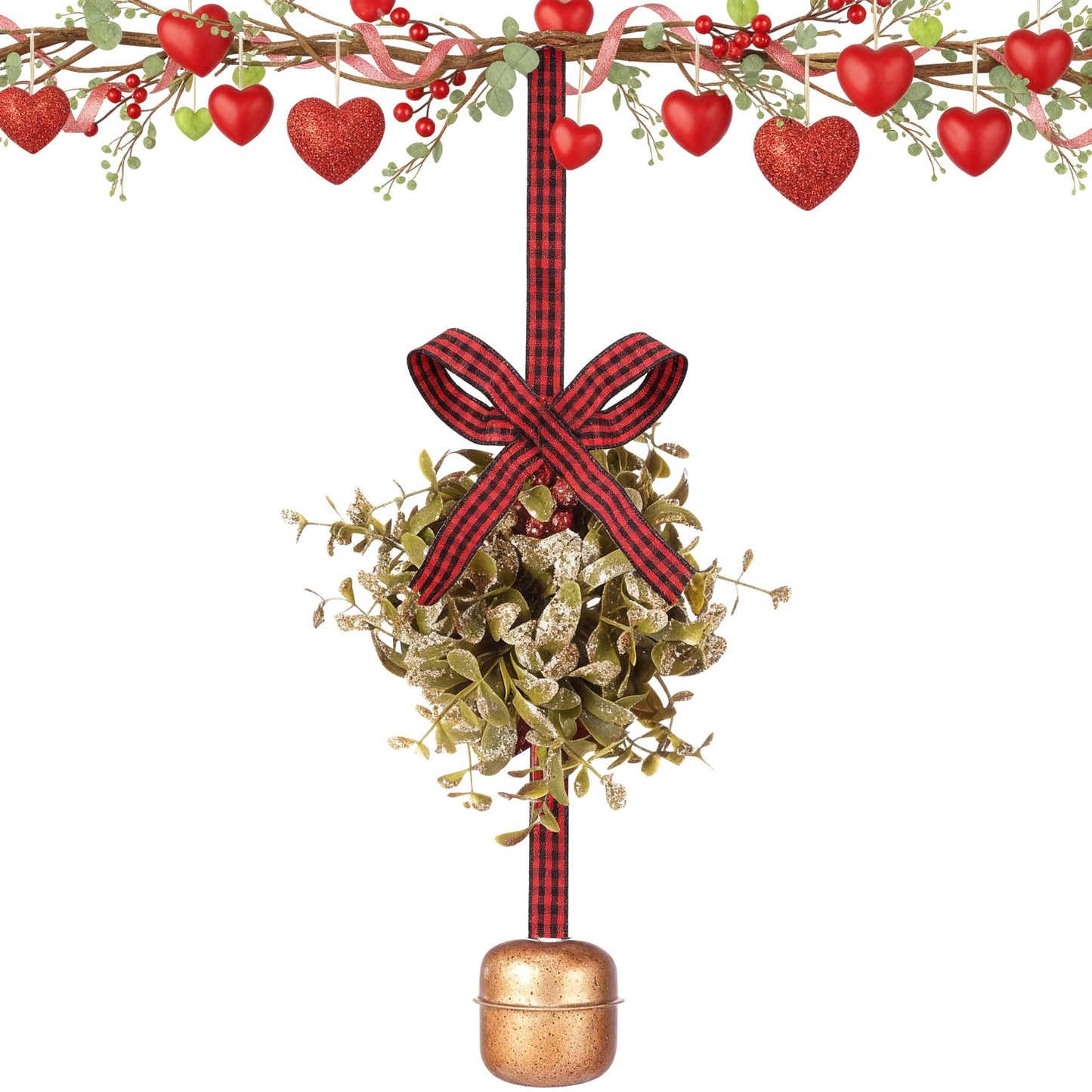 Knitgrip Valentine's Day Mistletoe Glitter Kissing Ball with Jingle Bell Ornament with Bow and Berries Artificial Hanging Mistletoe Decoration for Doorway Ceiling Light Decor(Red,Gingham Ribbon)