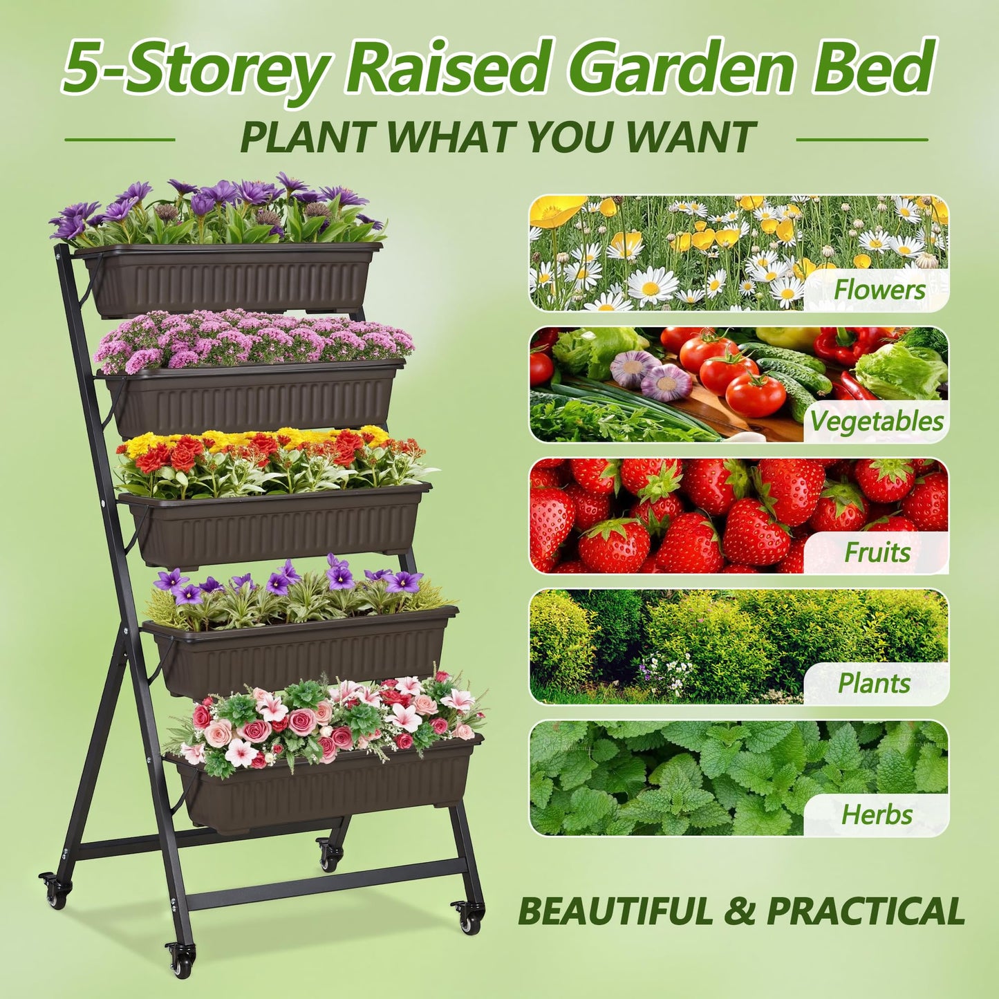 VECELO 5-Tier Vertical Garden Bed, Freestanding Elevated Raised Garden Planter with 5 Garden Planter Boxes, Lockable Caster Wheels, Drainage System, for Plants, Vegetables, Flowers, Herbs
