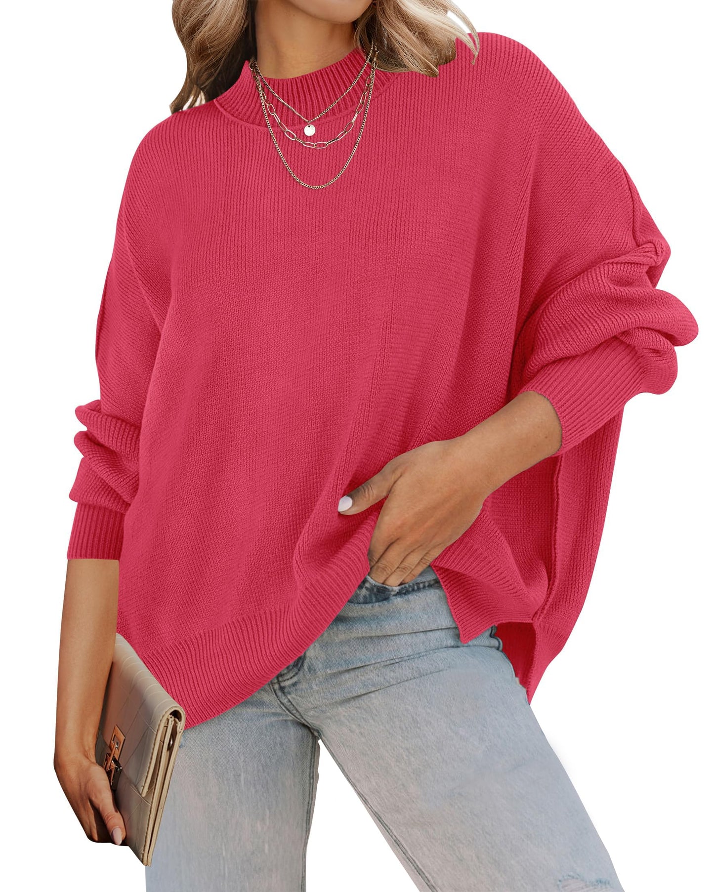 ZESICA Women's Fall 2025 Casual Long Sleeve Crew Neck Side Slit Oversized Ribbed Knit Pullover Sweater Tops