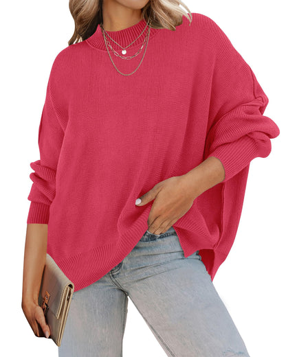 ZESICA Women's Fall 2025 Casual Long Sleeve Crew Neck Side Slit Oversized Ribbed Knit Pullover Sweater Tops