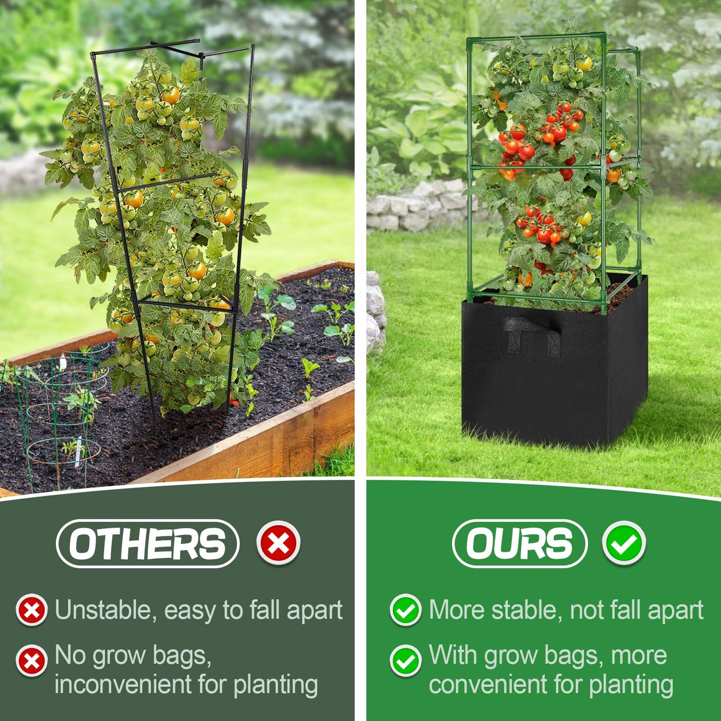 ANPHSIN Sturdy Square Tomato Cage with Movable 17 Gal Grow Bags - 3 Sets 46'' Plants Garden Trellis Planter, Support for Indoor Outdoor, Cucumber, Beans, Peppers, Eggplants, Climbing Vegetables